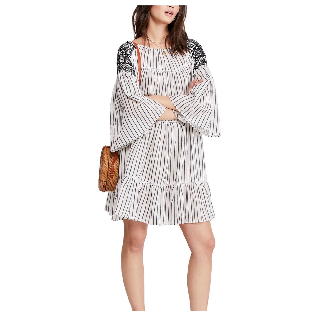 Free People Lola Embroidered Mini Dress Black White Boho NWT Size M